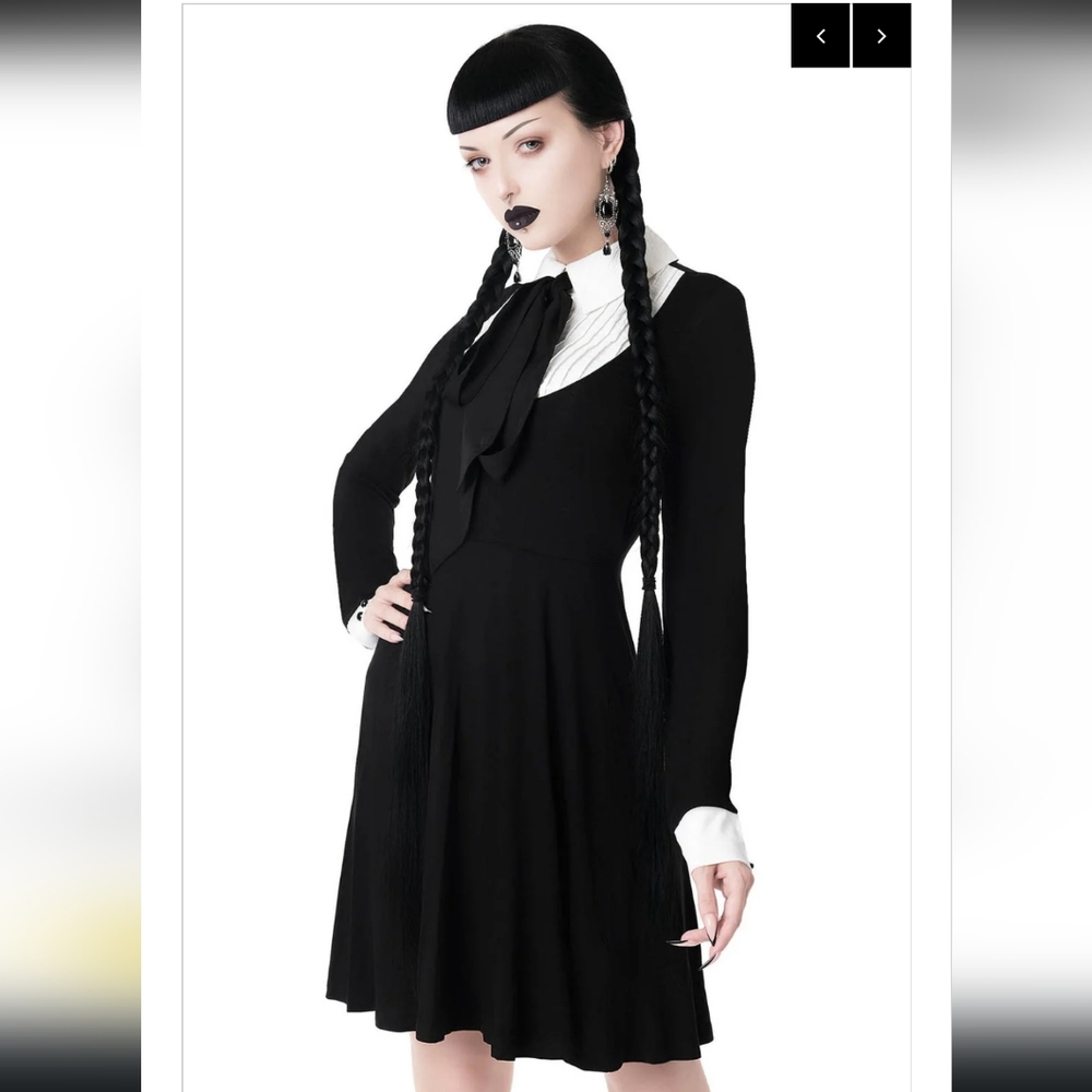 Killstar Cult Luxury black dress white cuffed Wednesday Addams dress Large